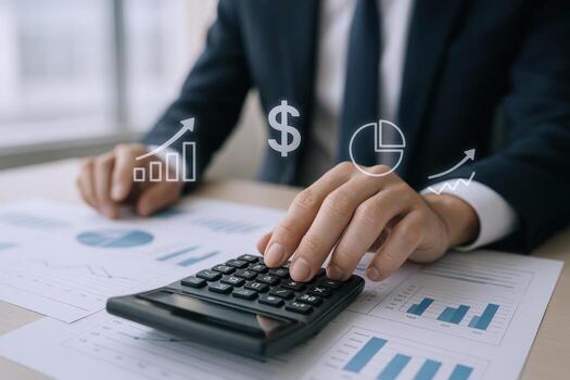 financiero análisis de cerca empresario calculador inversión crecimiento y tarta gráfico análisis con financiero informes foto