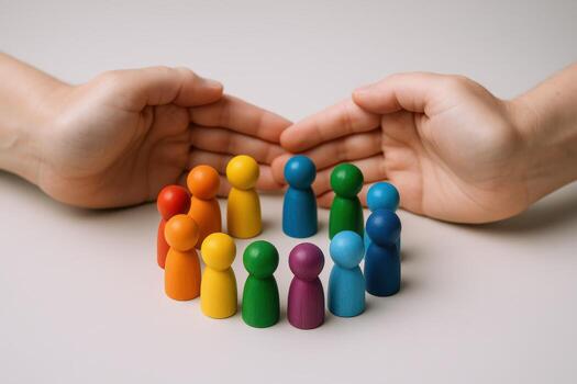 Inclusive Teamwork Hands Protecting Diverse Wooden Figures Symbolizing Unity and Collaboration in a Supportive Environment photo