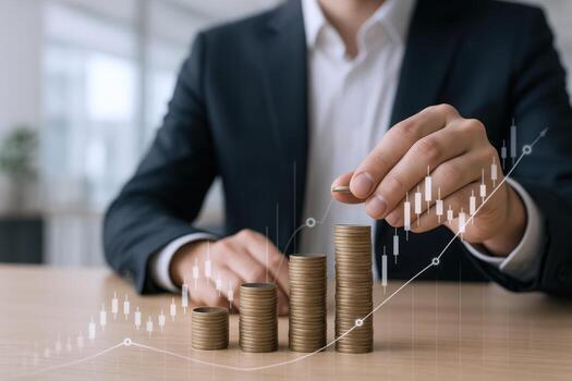 Man Stacking Coins with Financial Growth Overlay Investment, Savings, and Wealth Creation Concept photo
