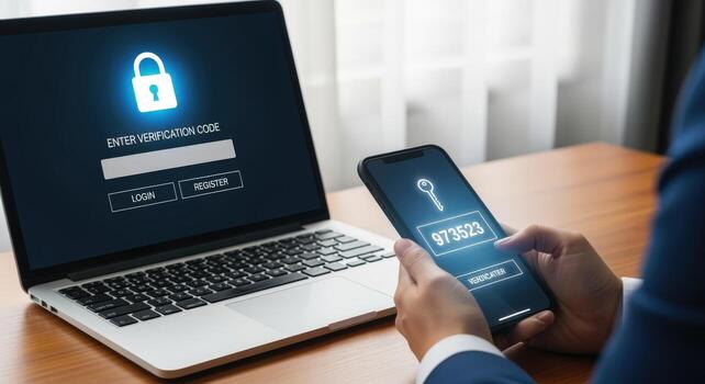Two-Factor Authentication Security Laptop and Smartphone Access with Secure Verification Code Login for Enhanced Protection photo
