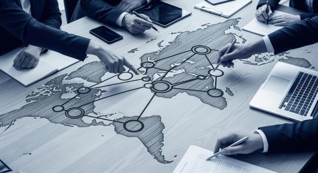 Global Business Strategy Meeting Team Collaboration on World Map for International Expansion and Network Growth photo