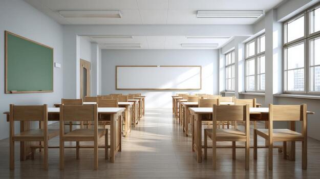 Bright Empty Classroom with Wooden Desks and Chairs, Chalkboard and Whiteboard, Ideal for Education Concepts photo