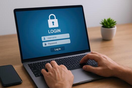 Secure Online Access Person Typing Login Credentials on Laptop for Account Security photo