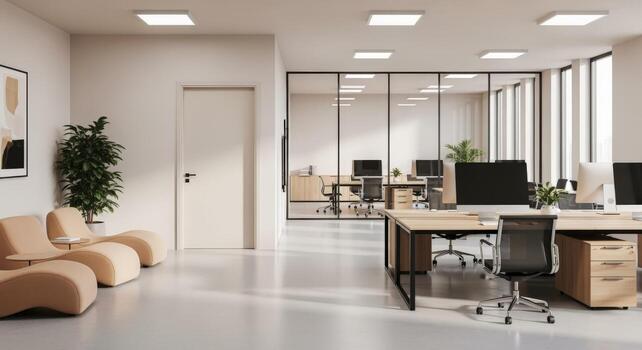 Modern Open Office Interior with Glass Partition, Desks, Chairs, and Seating Area for Collaborative Work photo