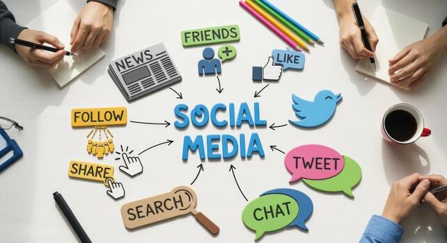 Overhead Shot of Social Media Strategy Meeting with Graphics and Team Collaboration for Marketing photo