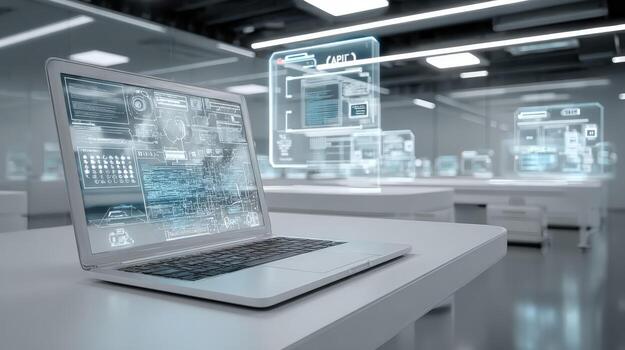 Futuristic Laptop Displaying Augmented Reality Interface in Modern Office, High-Tech Concept for Business and Innovation photo