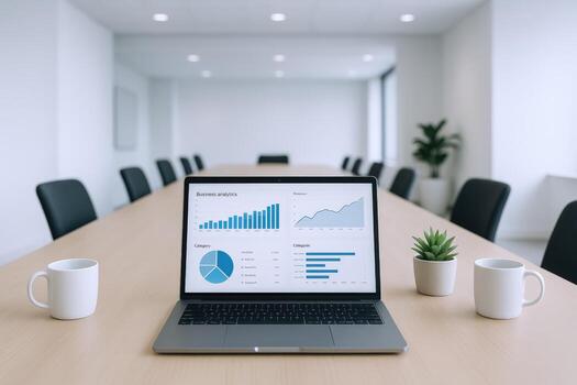Laptop Displaying Business Analytics Charts on a Conference Table, Flanked by Coffee Mugs, Ready for Meeting photo