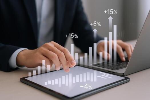 Business Analytics Man Analyzing Data on Tablet with Growth Charts Overlayed, Using Laptop for Investment Research photo