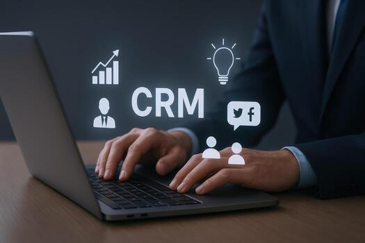 CRM Software Implementation A Business Professional Manages Customer Relations on a Laptop with Digital Interface photo