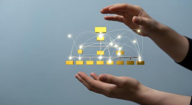 Hierarchy Concept A Person Holding a 3D Render of an Organizational Chart with Connected Nodes photo