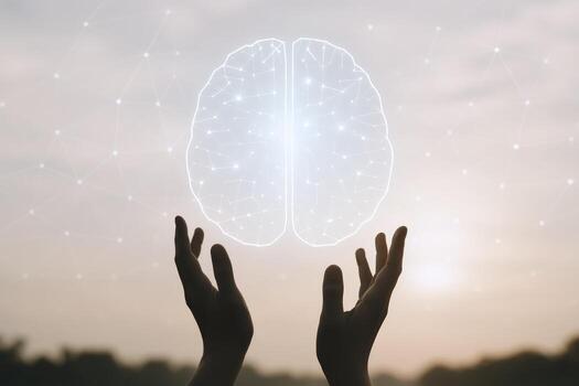 Concept of Brain Power and Creativity Hands Reaching Out to Digital Brain Illustration with Sunset Background photo