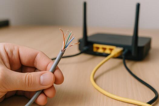 Damaged Ethernet Cable Held in Hand Showing Wires With Router and Internet Connection photo