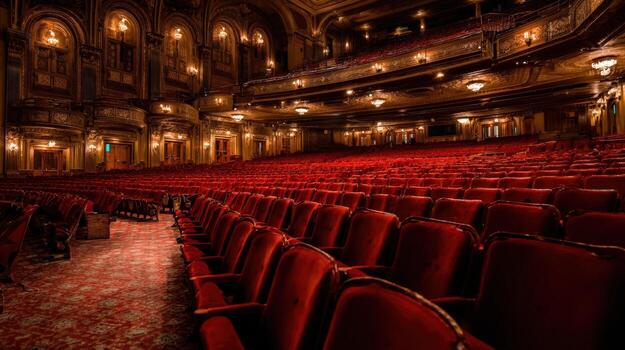 Grand Theater Interior with Red Seating Rows and Ornate Architecture, Capturing the Essence of Performing Arts photo