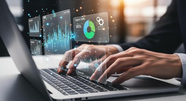 Analyzing Digital Data on Laptop Person Typing with Graphic Overlays for Business Analytics photo