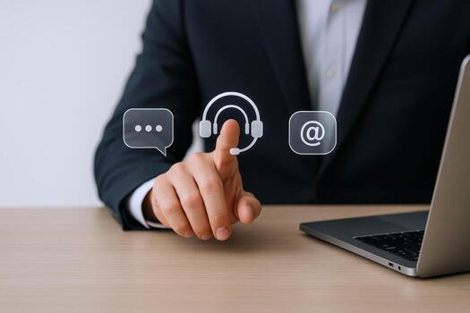 Customer Service Contact Options Businessman Selecting Communication Channels for Client Support and Assistance photo