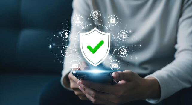 Mobile Security Concept Man Holding Smartphone with Shield and Check Mark, Digital Protection photo