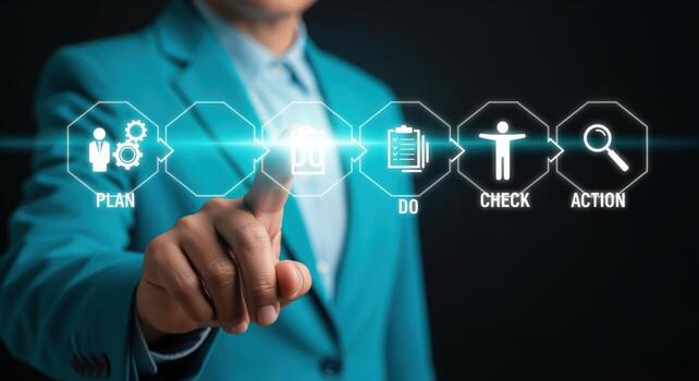 negocio hombre activando pdca ciclo con toque pantalla para continuo mejora y proyecto administración foto