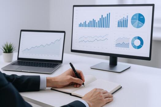 Financial Analyst Reviewing Charts and Graphs on Laptop and Monitor, Analyzing Data in Office photo