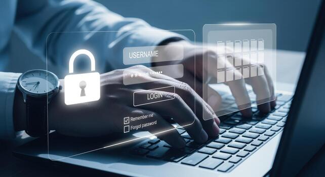 Online Security Login Interface with Padlock Icon and Hands Typing on Keyboard photo