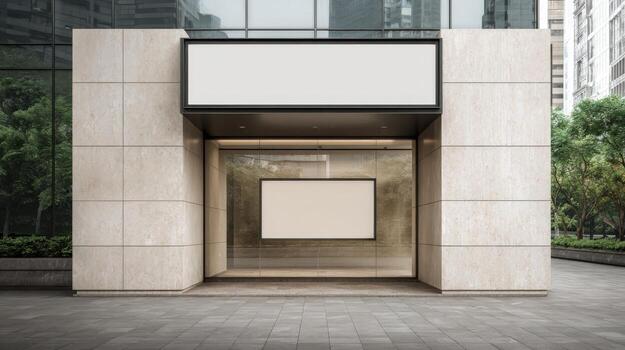 Modern Building Exterior with Blank Signage for Advertisement Mockup in Urban Environment photo