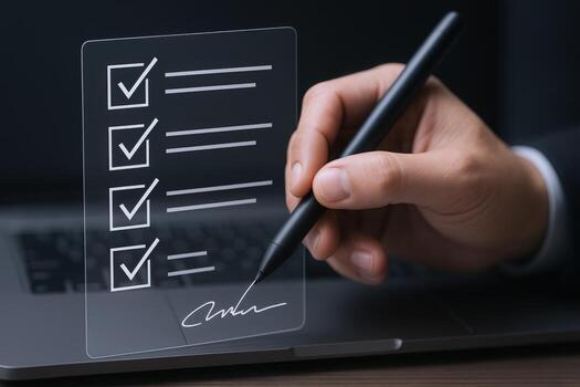 Completing Digital Checklist on Transparent Screen with Stylus Pen, Modern Business Technology Concept photo