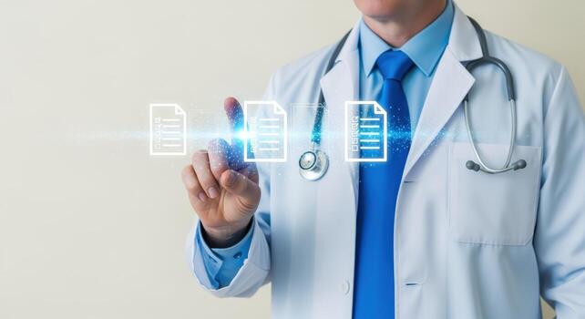 médico interactuando con digital médico registros interfaz para moderno cuidado de la salud soluciones y información acceso foto