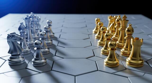 Strategic Chess Game Gold Versus Silver Pieces on Hexagonal Board, Symbolizing Competition and Strategy photo