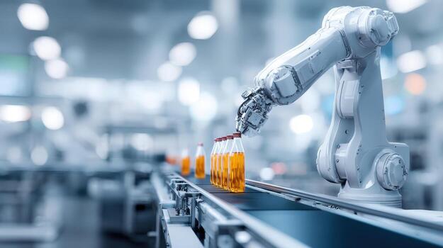Automated Production Line Robotic Arm Handling Bottles on Conveyor Belt in a Modern Factory photo