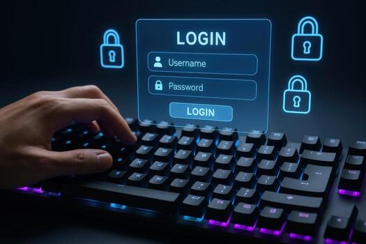 Secure Online Access Hand Typing Username and Password on Illuminated Gaming Keyboard for Login photo