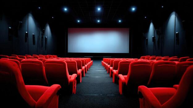 Empty Movie Theater Auditorium with Red Seats and Large Screen Ready for Screening photo