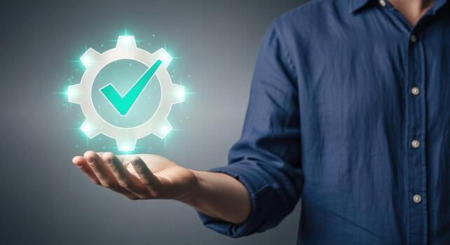 Solution in Progress Man Displays Holographic Gear with Checkmark Symbolizing Successful Implementation photo