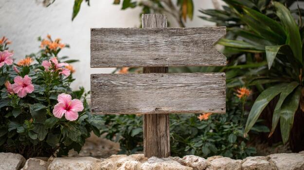rústico de madera firmar con flecha en flor jardín para personalizado mensajería y publicidad foto