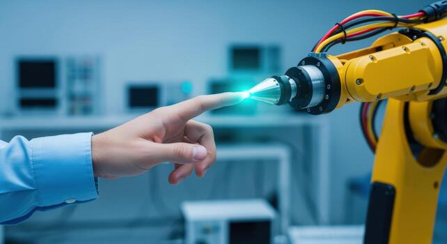 Human Finger Touches Robotic Arm with Glowing Connection, Symbolizing Innovation and Future Technology photo
