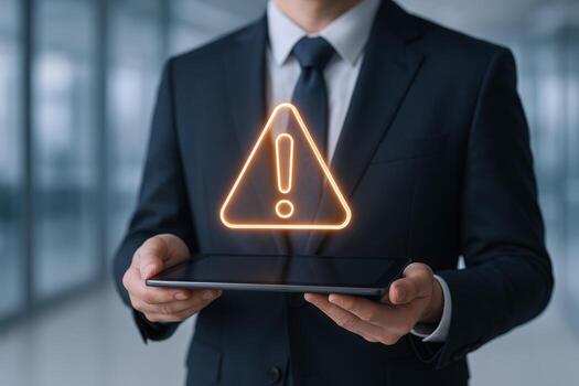 Businessman Holding Tablet Displaying Exclamation Mark Symbol, Indicating Risk, Danger, Warning, or Security Alert photo