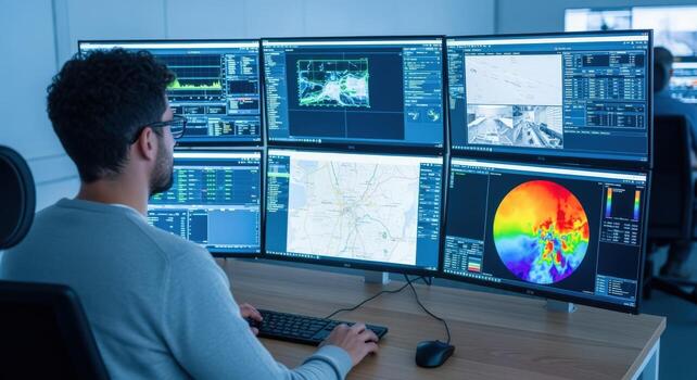 Security Monitoring Specialist Overseeing Multiple Displays with Detailed Data and System Information in a Modern Control Center photo