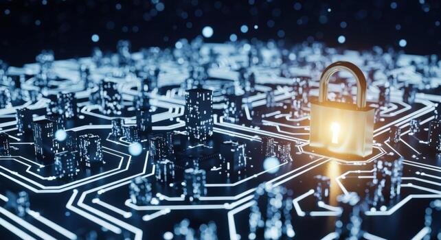Cybersecurity Lock on Digital Circuit Board Protecting Data and Network Integrity in Technology Systems photo