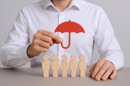 Protecting People Conceptual Image of Security and Safety with Wooden Figures and Umbrella photo