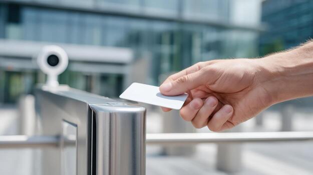 Security Access Control Man Using Key Card to Enter Modern Building, Surveillance System photo