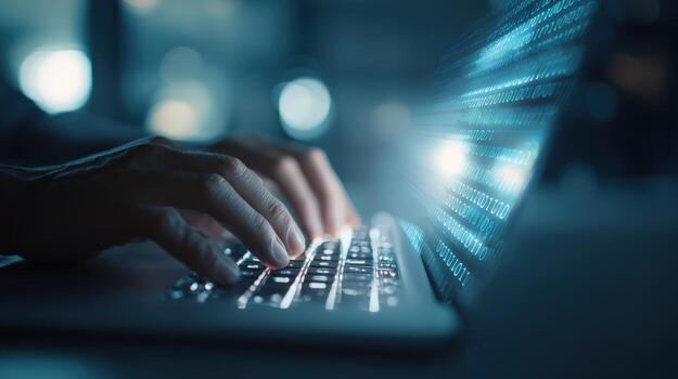 Hands Typing on Laptop Keyboard with Digital Data Stream Overlay for Business Technology photo