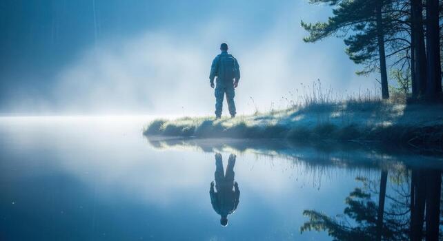 Man Standing on Lakeshore Reflecting in Calm Water on a Foggy Morning in Nature photo