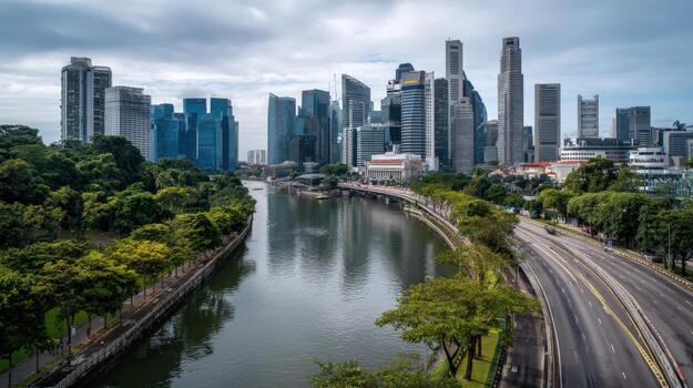 Singapore Cityscape with River and Highway Modern Architecture and Urban Greenery on a Cloudy Day photo