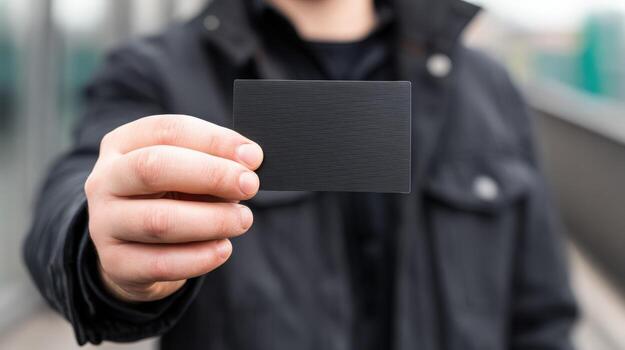 Man Holding a Blank Black Business Card Mockup in Hand Close-Up Ready for Customization photo