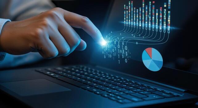 Data Analysis on Laptop Screen Displaying Charts and Graphs, with a Persons Finger Touching the Screen photo