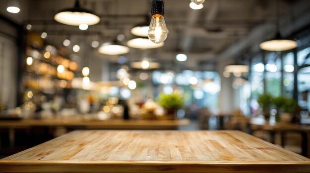 Wood Table Top in Blurred Restaurant Interior Background with Bokeh Lights for Product Display photo