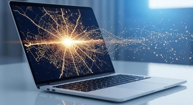 Laptop Displaying Abstract Network Connection with Glowing Lines, Representing Global Connectivity and Data Transfer photo