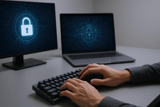 Cybersecurity Professional Typing on Keyboard with Lock Symbol on Computer Screens in Office photo