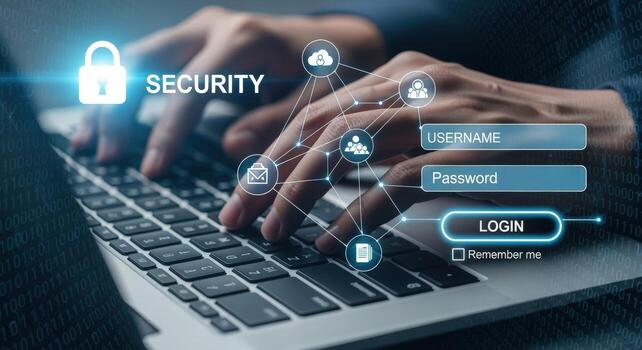 Cybersecurity Protection Hands Typing on Laptop with Login Screen, Digital Shield for Online Safety and Data Encryption photo