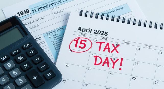 Tax Day Deadline Concept Calendar Marked April 15th with Calculator and Tax Form, Emphasizing Financial Responsibility photo