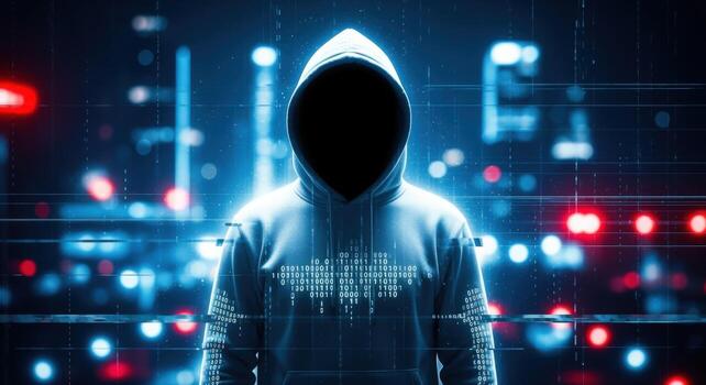 Mysterious Hacker Silhouette Against Digital Cityscape, Cyber Security Concept and Futuristic Technology Environment photo
