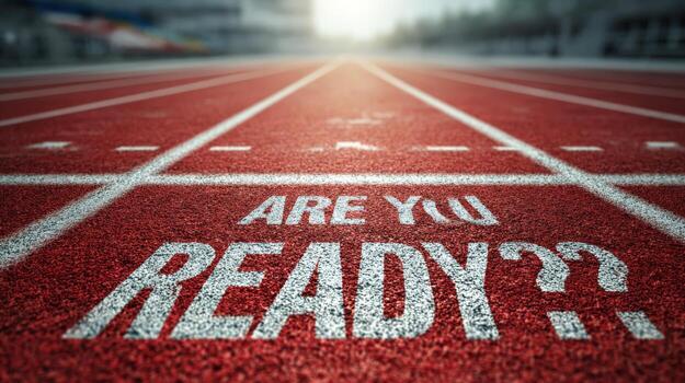 Motivational Starting Line on a Red Running Track Asking Are You Ready Perspective View photo